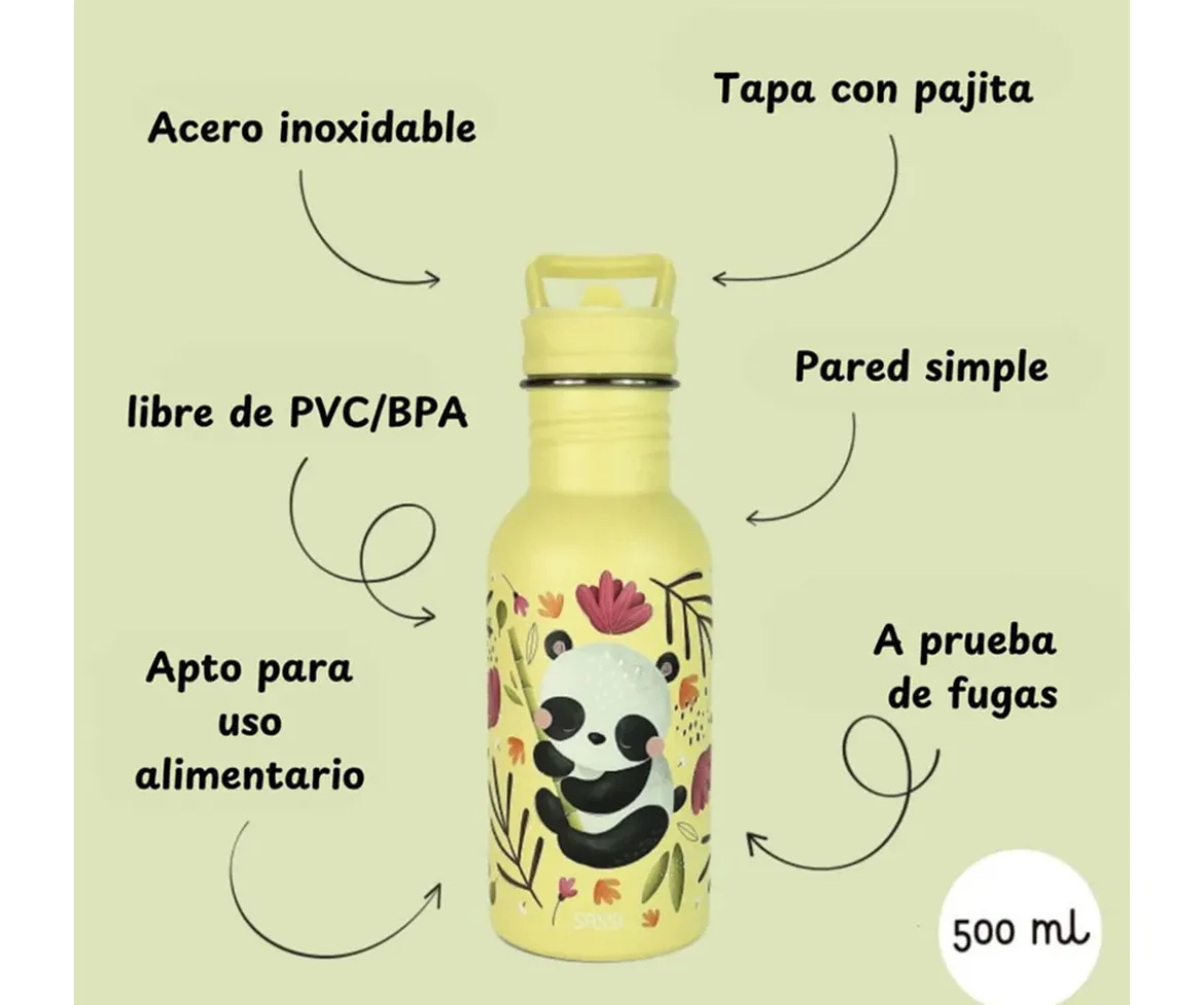 Botella Acero con Pajita Panda 500ml