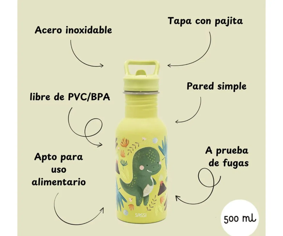 Botella de Acero con Pajita Dinosaurio 500ml
