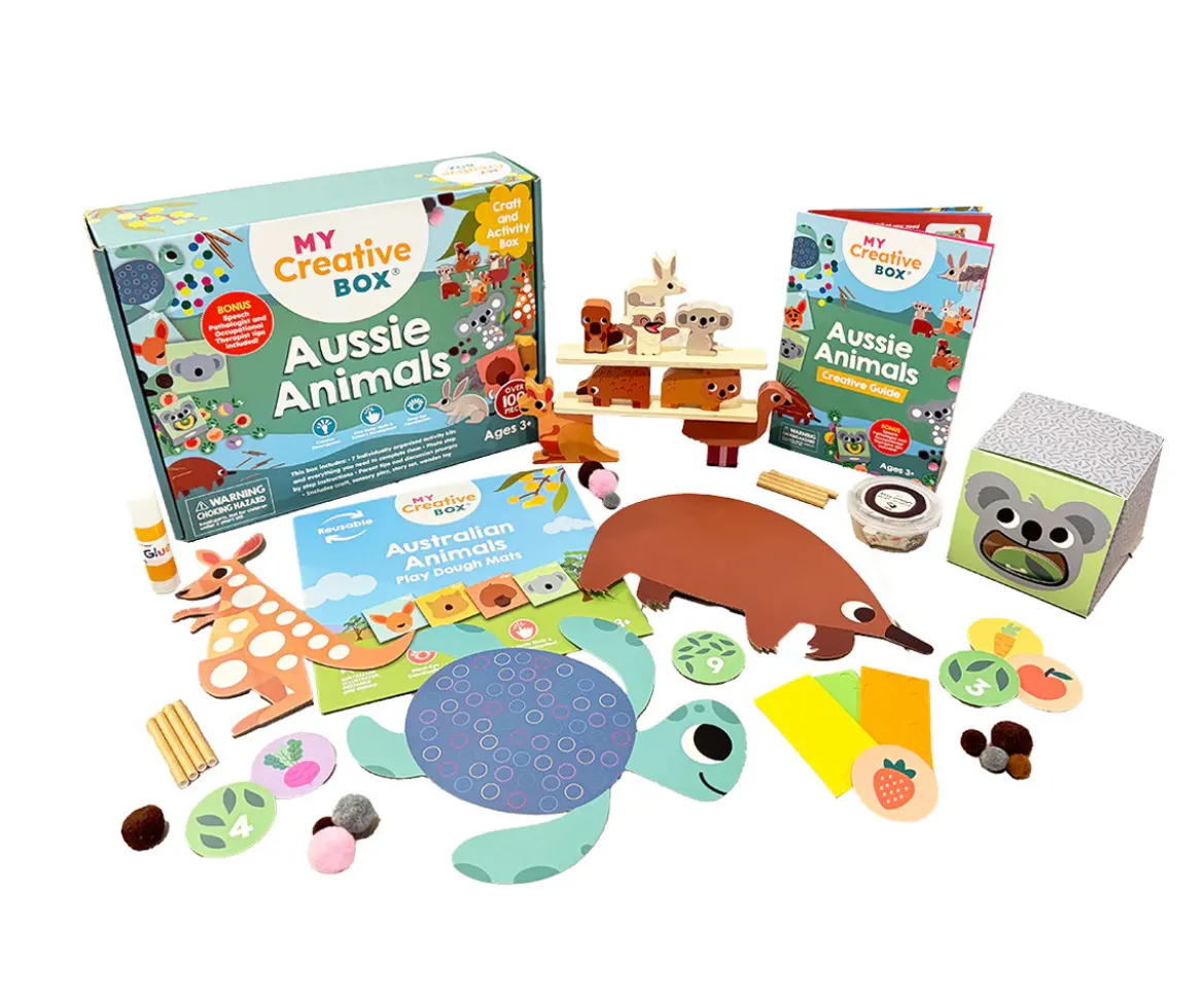 Caja de Actividades Sensoriales con Collage Aussie Animals