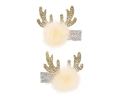 2 Clips de Pelo Navideños con Pompones y Cuernos de Reno