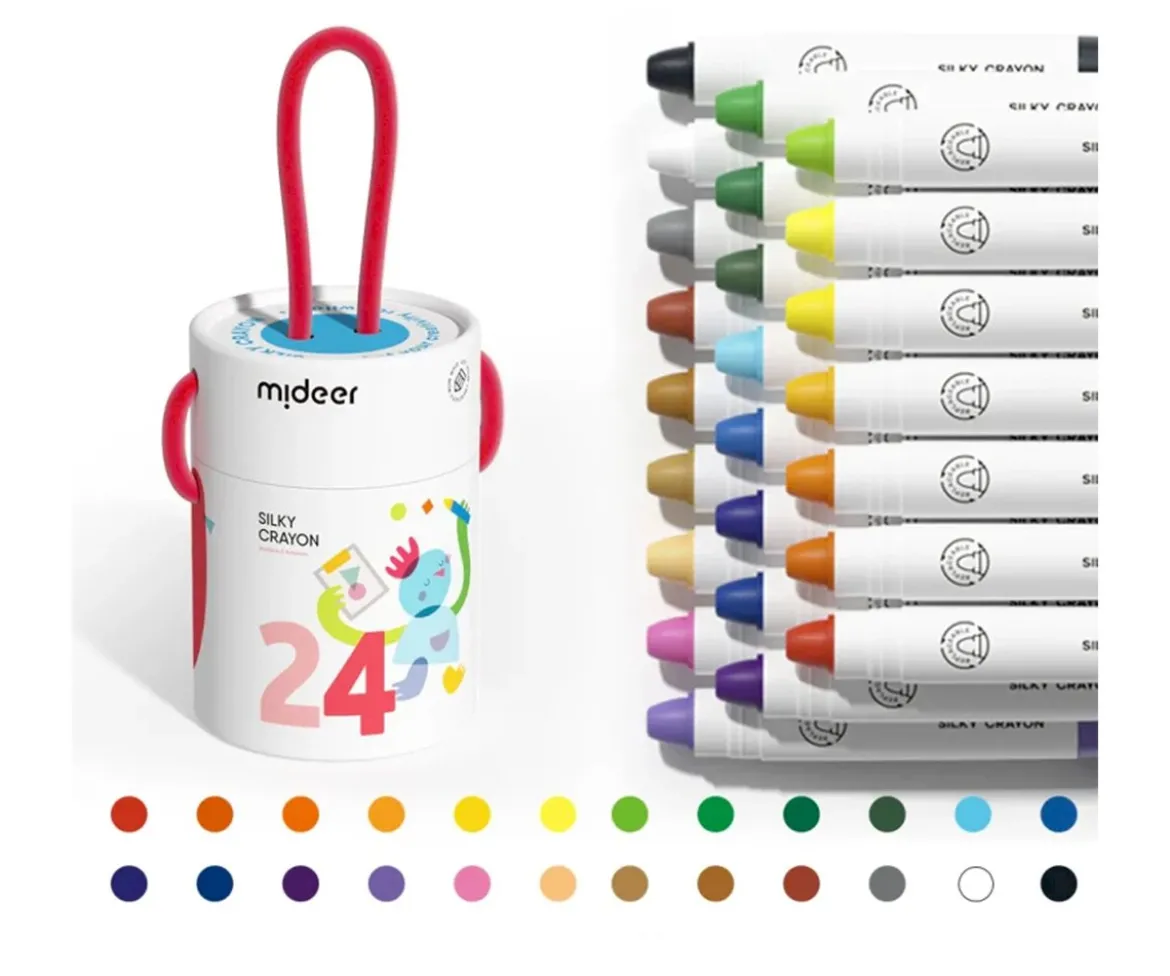 Cubo de 24 Crayones Silky Secado Rápido, Suaves y Lavables