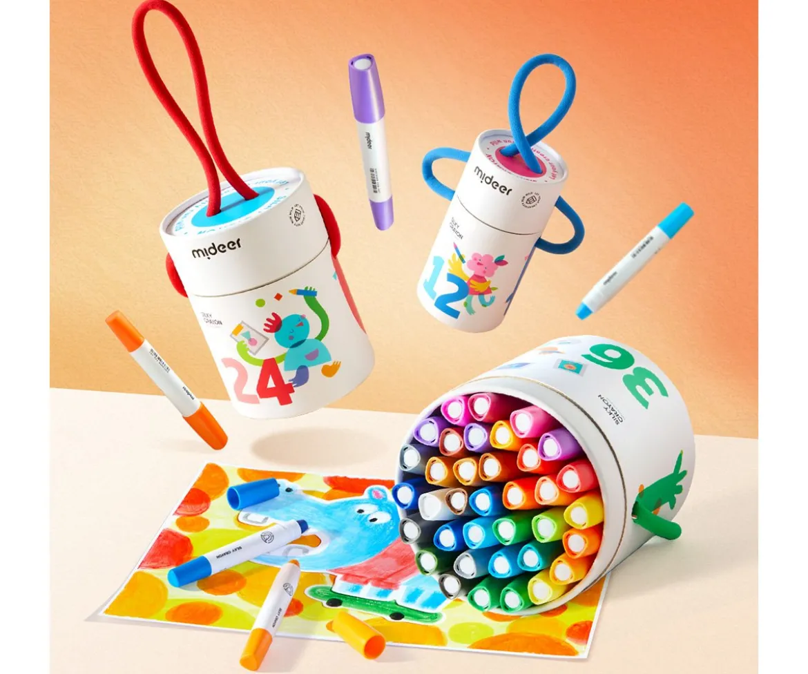 Cubo de 12 Crayones Silky Secado Rápido, Suaves y Lavables