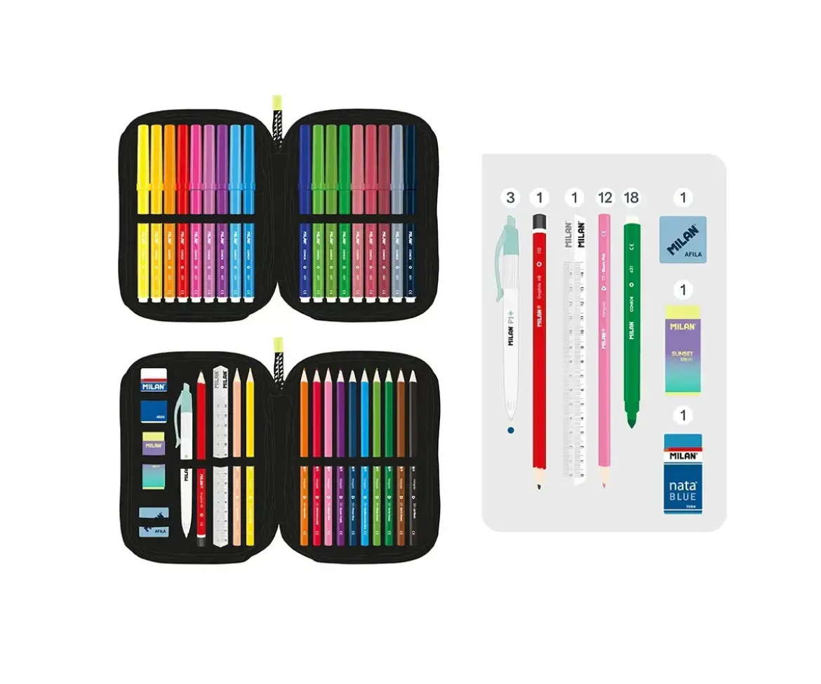 Estuche Plumier 2 Pisos con Material Escolar Sunset Negro