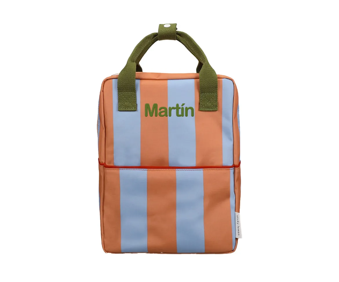 Mochila Escolar Mediana Personalizable Stripes Cloud Blue + Maple Whirl