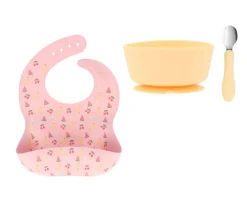 Pack Baby Meal Babero Silicona Fruits + Bol Silicona y Cuchara Acero Sun