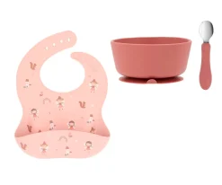 Pack Baby Meal Babero Silicona Wild Fairies + Bol Silicona y Cuchara Acero Brick Blush