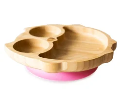 Plato Bambú con Ventosa Búho Rosa