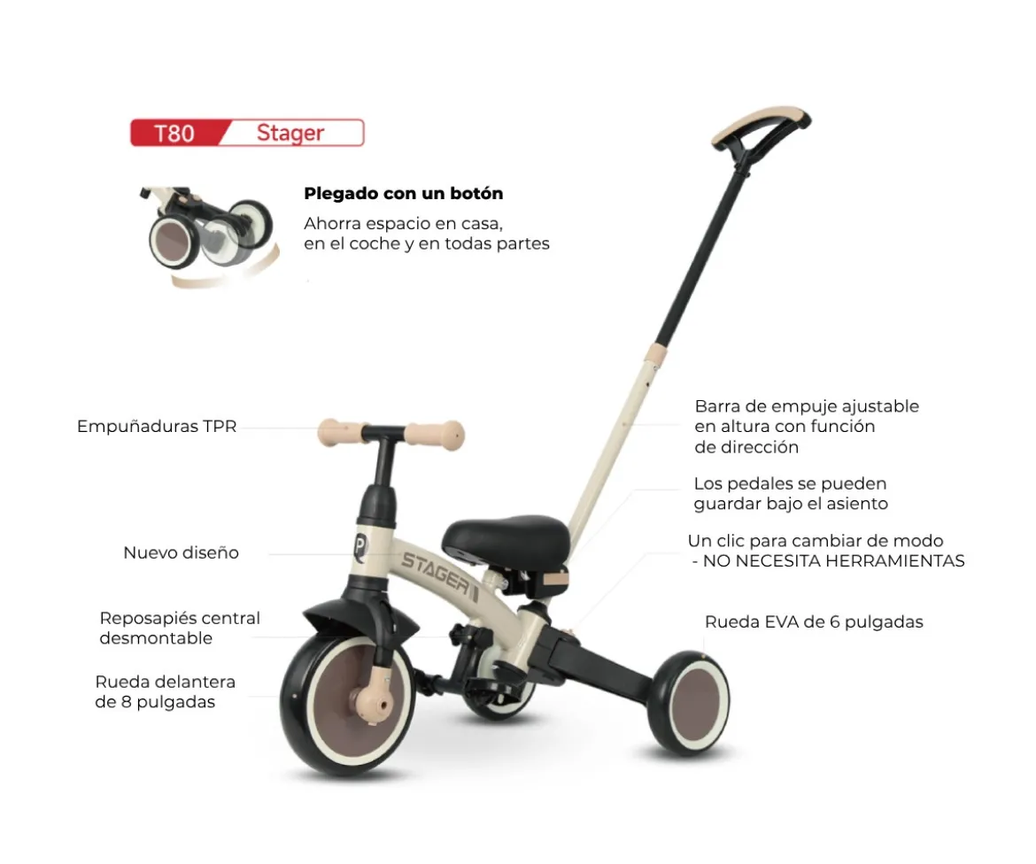 Triciclo y Bicicleta de Equilibrio Trike Stager 3 en 1 Beige (2-6 años)