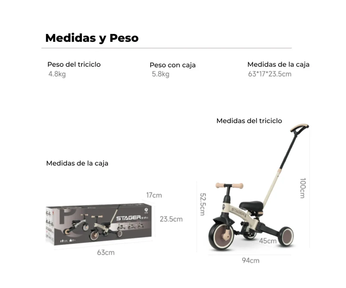 Triciclo y Bicicleta de Equilibrio Trike Stager 3 en 1 Beige (2-6 años)