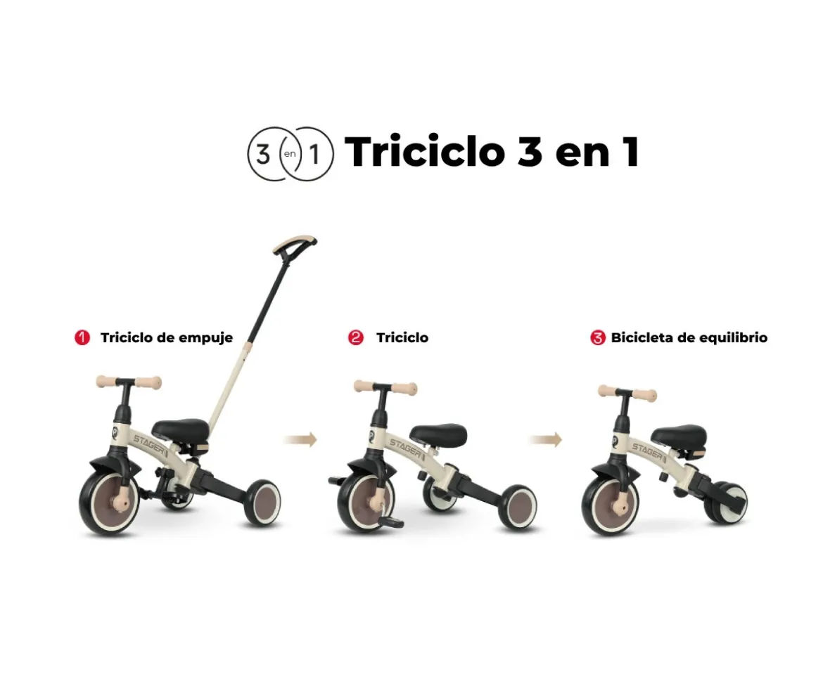 Triciclo y Bicicleta de Equilibrio Trike Stager 3 en 1 Beige (2-6 años)